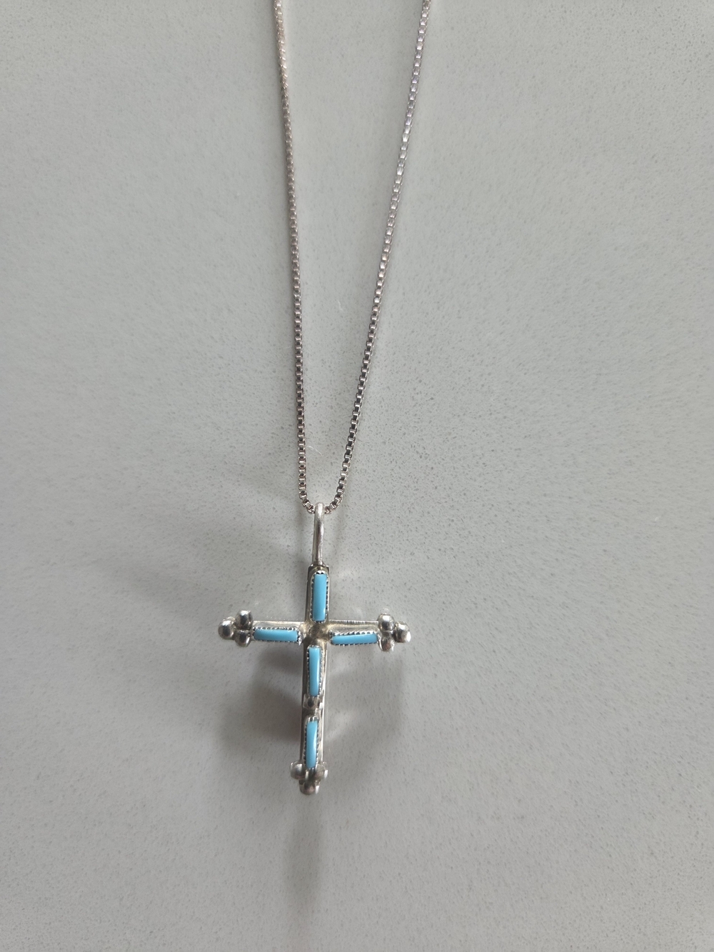 Silver Cross Pendant Necklace with Turquoise/Carnelian Inlay